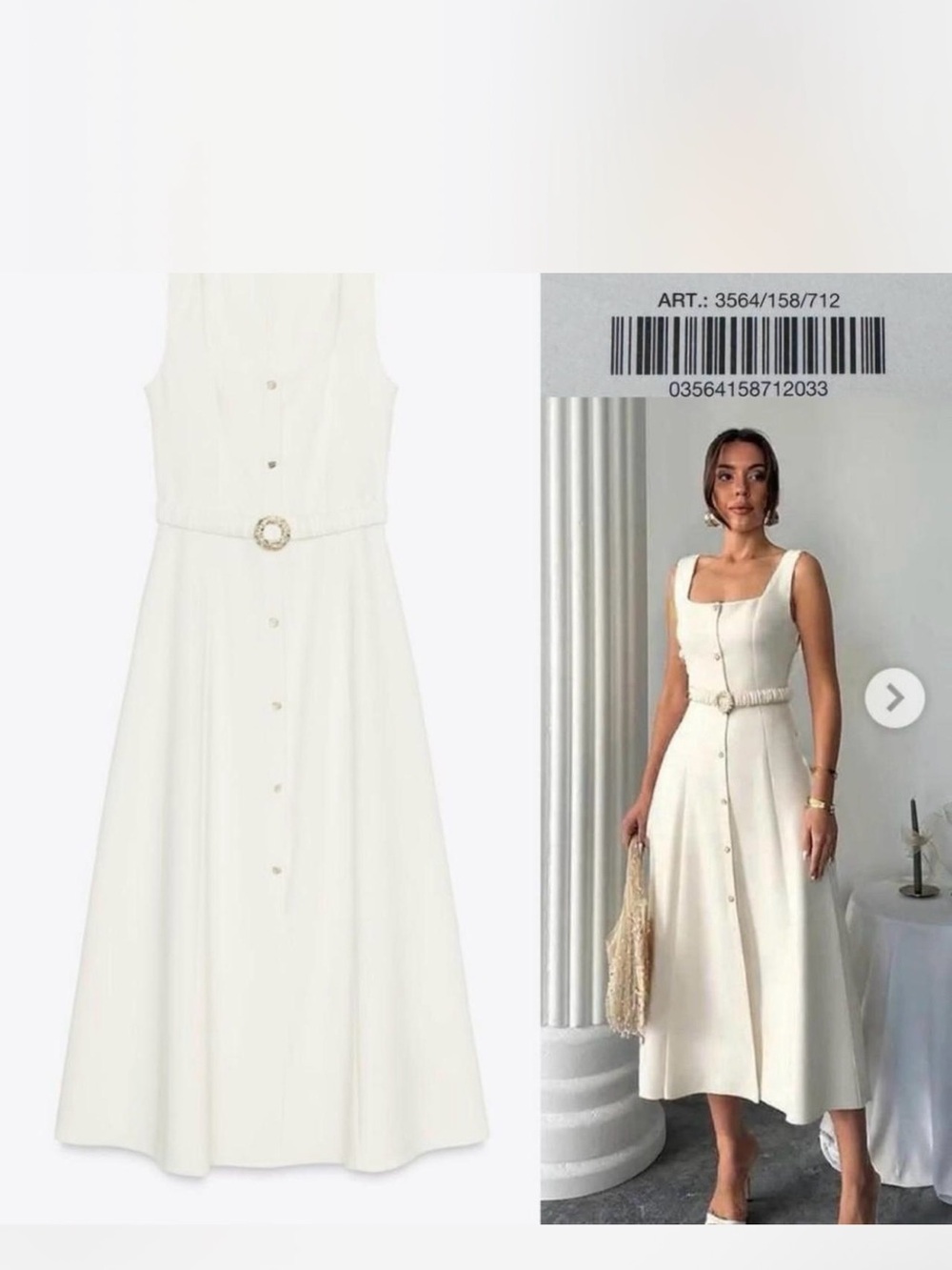 Zara Cream Sleeveless Button-Front Midi Dress with Decorative Belt